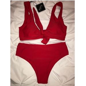 Front tie red 2 piece baiting suit
